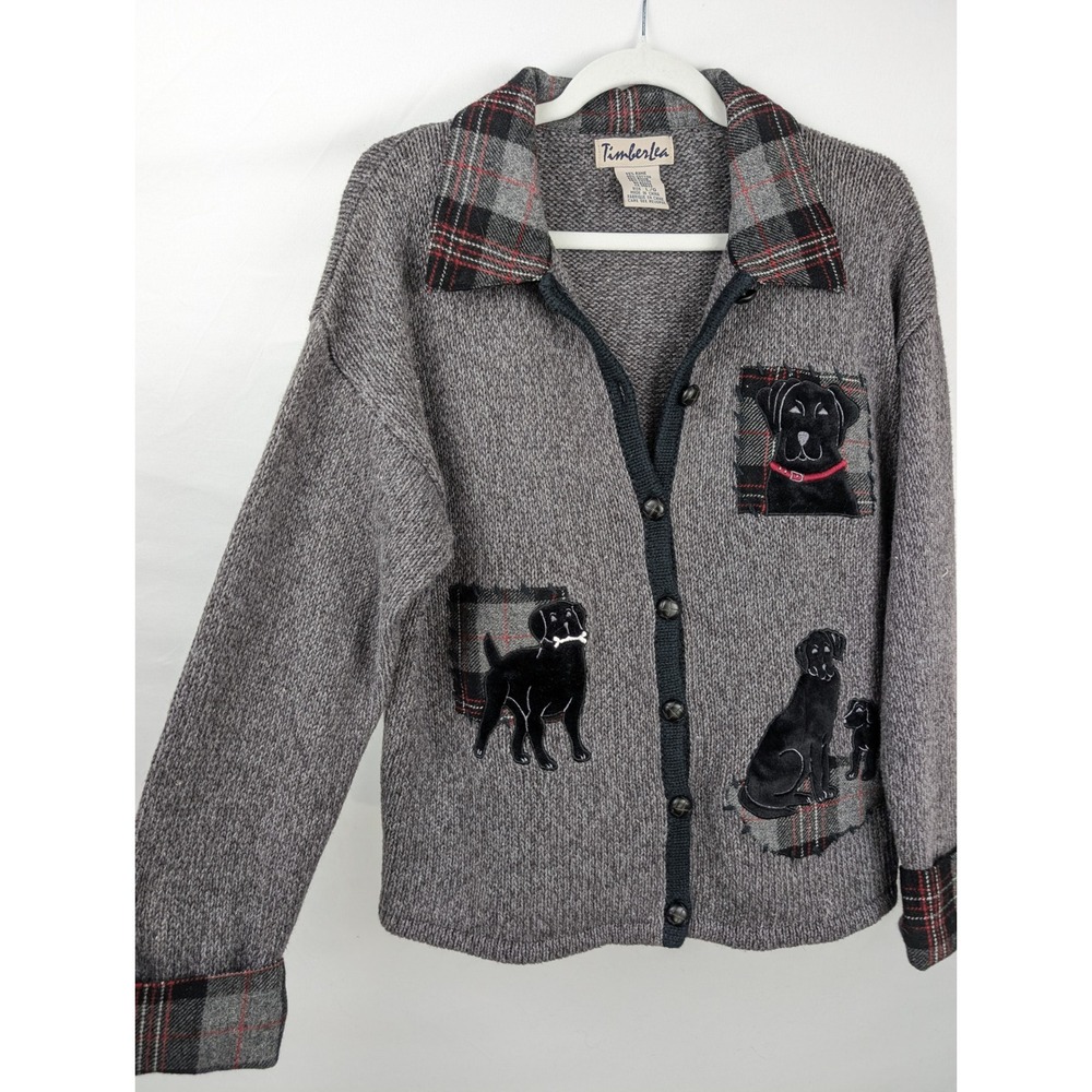 Vintage 90s Embroidered Puppy Dog Cardigan L Black Labrador Novelty Cottagecore